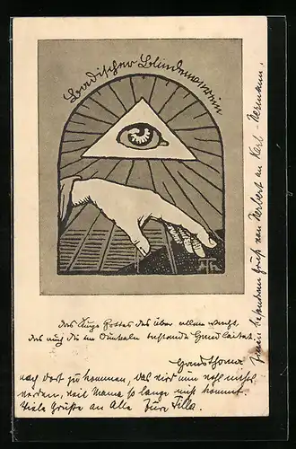 AK Freiburg, Badischer Blindenverein, Hand mit Auge