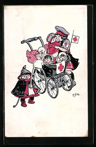 Künstler-AK Heinrich Zille: Mädchen bettet Kinder in einen Kinderwagen, Rotes Kreuz