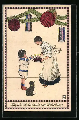 Künstler-AK M.H.S.: Mutter überrascht ihr Kind mit einem Kuchen, Katze