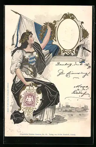 AK Bavaria mit Lorbeerkranz, Prinzregent Luitpold, Briefmarken