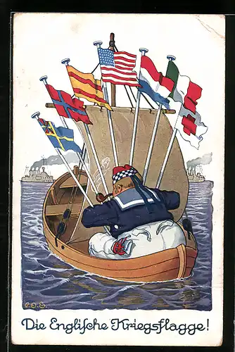 Künstler-AK P. O. Engelhard (P.O.E.): Die englische Kriegsflagge, Englischer Matrose versteckt sich