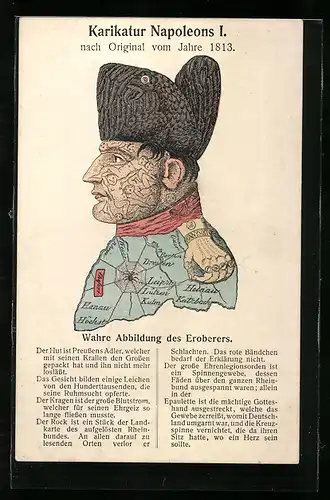 AK Karikatur Napoleons I., Wahre Abbildung des Eroberers, Landkarte, optische Täuschung