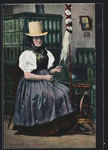 AK Frau in Schwarzwälder Tracht am Spinnrad
