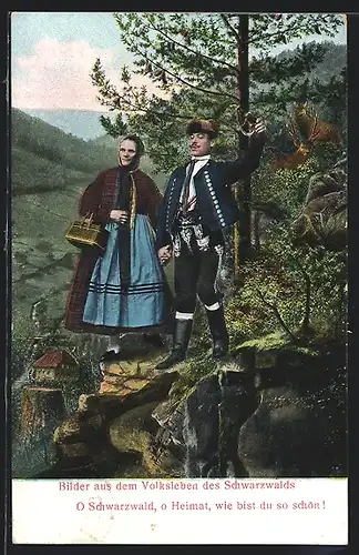 AK Paar in Schwarzwälder Tracht an Klippe