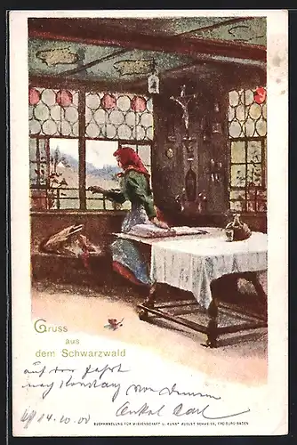 Lithographie Gruss aus dem Schwarzwald, Frau blickt aus dem Fenster