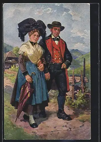 Künstler-AK Elsässer Paar beim Spaziergang mit Regenschirm