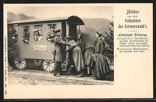 AK Blitzzug und Passagiere in Schwarzwälder Tracht