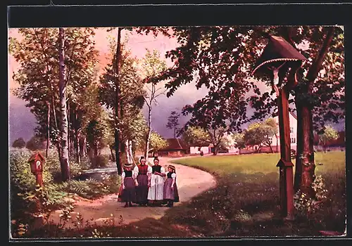 AK Frauen und Kinder in Schwarzwälder Tracht am Ortsrand stehend