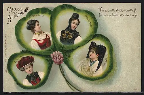 AK Schwarzwald, Kleeblatt mit Gutacherin, Schapacherin, Neustädterin u. Markgräflerin in Schwarzwälder Trachten