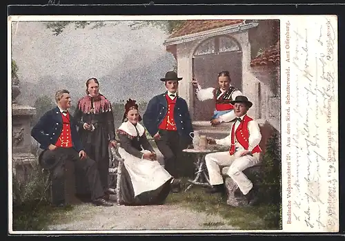 AK Junge Paare in Schwarzwälder Tracht, vor dem Haus