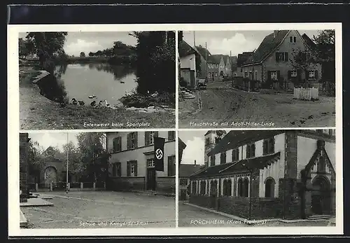 AK Forchheim, Entenweier beim Sportplatz, Hauptstrasse, Schule und Kriegerdenkmal