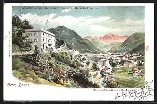 Künstler-AK Gries, Erzherzog Heinrich Promenade mit Blick auf Gries-Bozen und Rosengarten