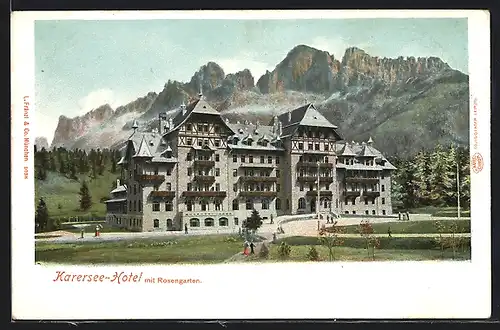 AK Karersee, Karersee-Hotel mit Rosengarten, Ansicht der Hauptfassade