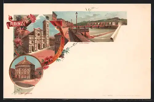 Künstler-AK Firenze, Lung'Arno, Duomo, Battistero