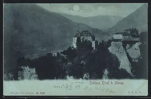 Mondschein-AK Meran, Schloss Tirol mit Talblick