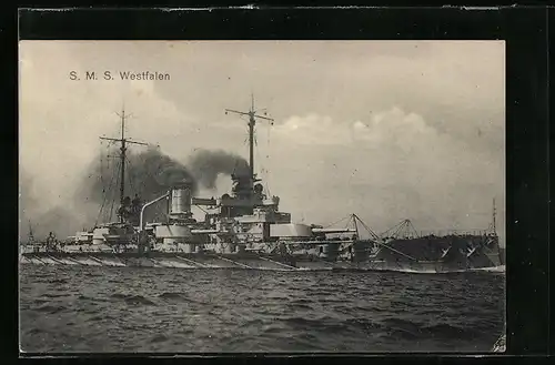 AK Kriegsschiff SMS Westfalen unter Volllast