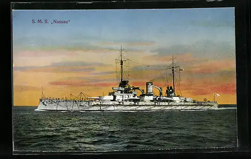 AK Kriegsschiff SMS Nassau im Abendlicht