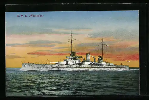 AK Kriegsschiff SMS Westfalen im Abendrot