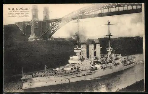 AK Kriegsschiff SMS Hessen unter der Grünentaler Hochbrücke