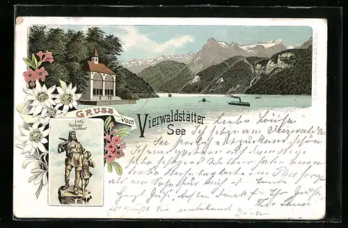 Lithographie Seelisberg, Tells Denkmal, Tellskapelle am Vierwaldstättersee