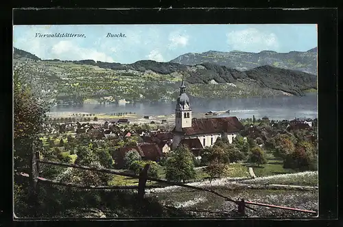 AK Buochs / Vierwaldstättersee, Gesamtansicht mit Kirche und Vierwaldstättersee