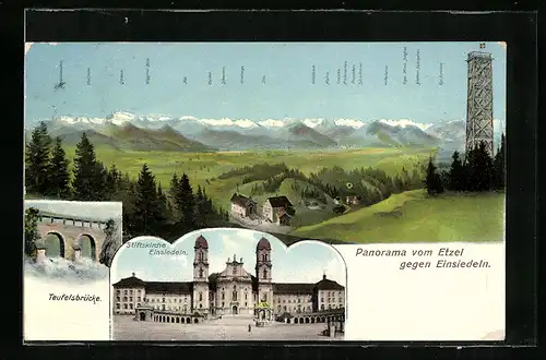 AK Einsiedeln, Stiftskirche, Teufelsbrücke, Panorama vom Etzel aus gesehen