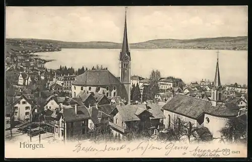 AK Horgen, Kirche und See aus der Vogelschau