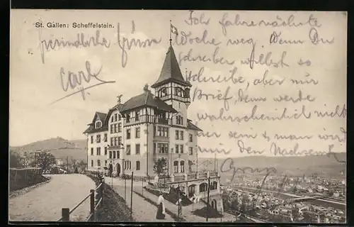 AK St. Gallen, Hotel Scheffelstein mit Stadtblick