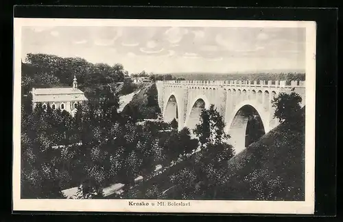 AK Krnsko, Viadukt nach Ml. Boleslavi, Kirche