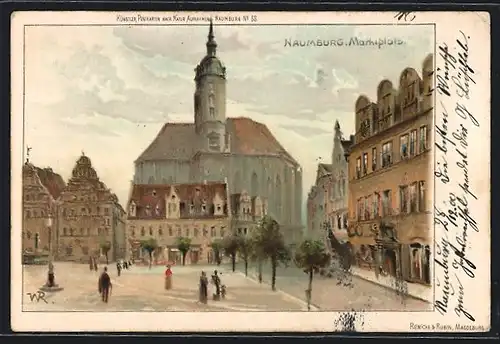 Lithographie Naumburg, Marktpklatz mit Kirche