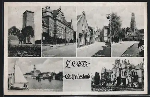 AK Leer, Wasserturm, Gymnasium, Rathausstrasse, Evenburg-Loga, Blick auf das Rathaus