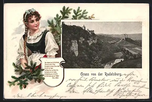 Passepartout-Lithographie Saaleck, Rudelsburg mit Umgebung, Mädchen im Dirndl