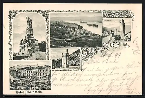 AK Rüdesheim, National-Denkmal auf dem Niederwald, Hotel Rheinstein, Mäuseturm und Ortsansicht