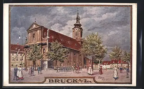 Künstler-AK Bruck an der Leitha, Passanten und Soldaten vor der Kirche