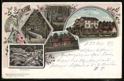 Lithographie Felsberg, Blick auf das Hotel, Badehaus und Riesensäule