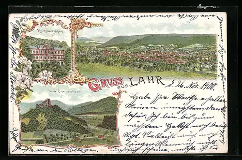 Lithographie Lahr, Reichswaisenhaus, Ruine Hohengeroldseck