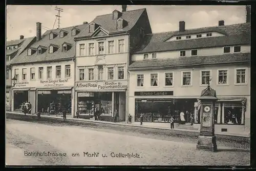 AK Hainichen, Bahnhofstrasse am Markt und Gellertplatz, Wettersäule