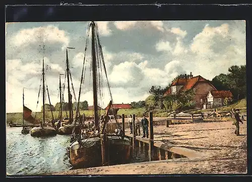 AK Bockhorn, Ellenserdammersiel, Uferpartie mit Booten