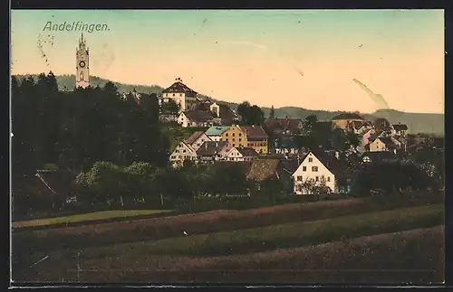 AK Andelfingen, Ortsansicht mit Kirche im Sonnenaufgang