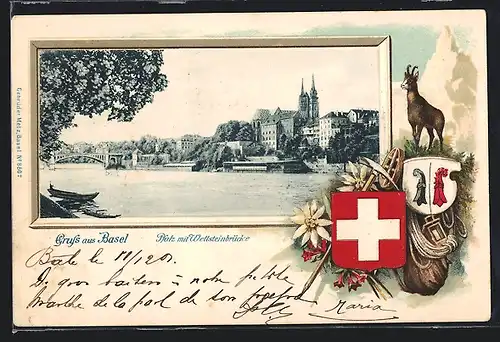 Passepartout-AK Basel, Pfalz mit Wettsteinbrücke, Wappen