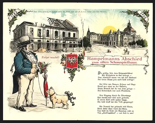 Klapp-Lithographie Frankfurt /Main, Hampelmanns Abschied vom alten Schauspielhaus, Frankfurter Stadttypen