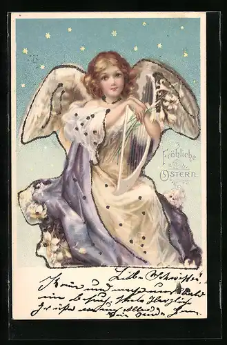 Künstler-AK Osterengel mit Harfe unter einem Sternenhimmel
