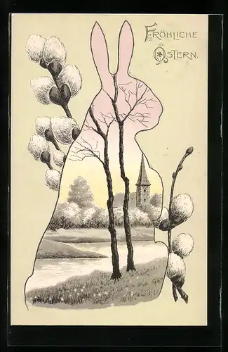AK Osterhase mit Landschaftsbild, Maikätzchen, Fröhliche Ostern