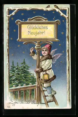 AK Neujahrsengel steht auf der Leiter am Schild