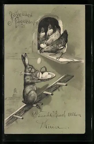 AK Osterhase fängt die Eier auf die von den Hühnern fallengelassen werden