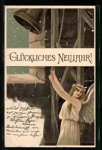 AK Glückliches Neujahr, Neujahrsengel läutet die Glocke