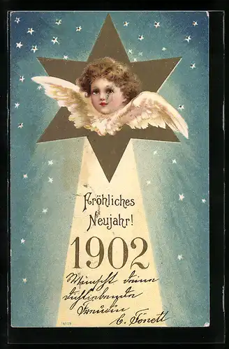 AK Kopf eines Neujahrsengels im Stern auf der Jahreszahl 1902, Fröhliches Neujahr