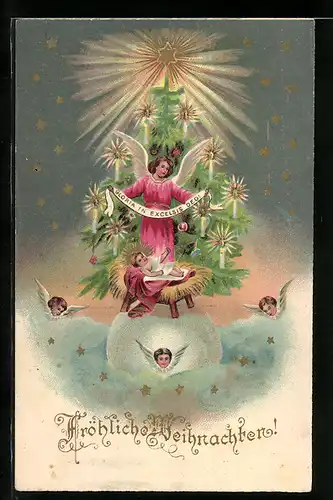 Stoff-Präge-AK Weihnachtsengel im Gewand aus Stoff vor der Krippe mit dem Christkind