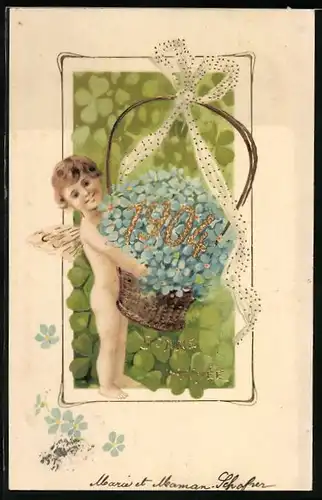 AK Engel mit einem Blumenkorb, Jahreszahl 1904
