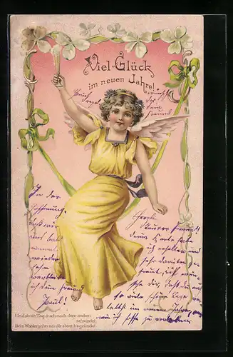 AK Neujahrsengel hebt prostend das Sektglas, Neujahrwunsch